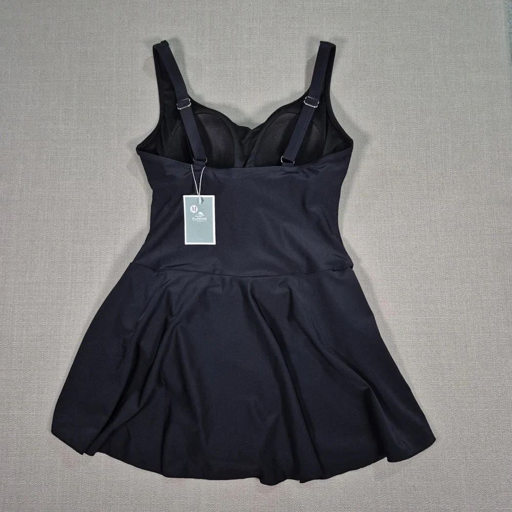 Eomenie Womens Black Tummy Control Swim Dress One Piece Side Tie Sarong M New